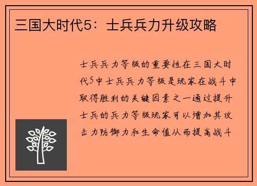 三国大时代5：士兵兵力升级攻略