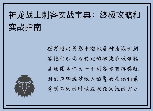 神龙战士刺客实战宝典：终极攻略和实战指南